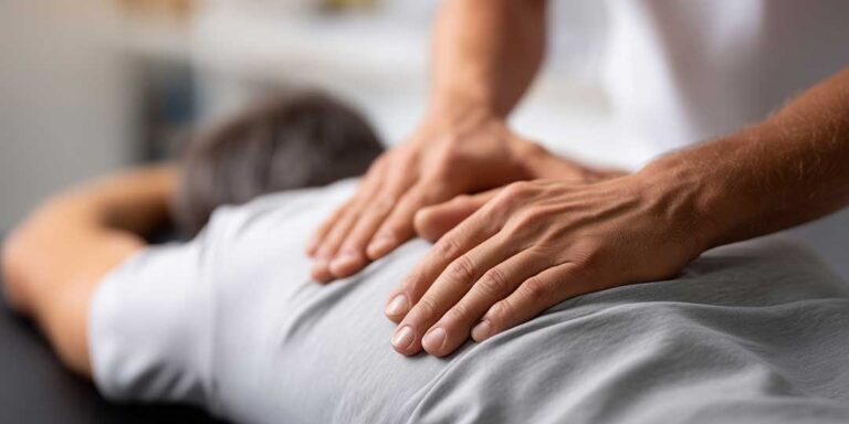 A licensed healthcare professional assists a patient with gentle spinal movement on a therapy table.
